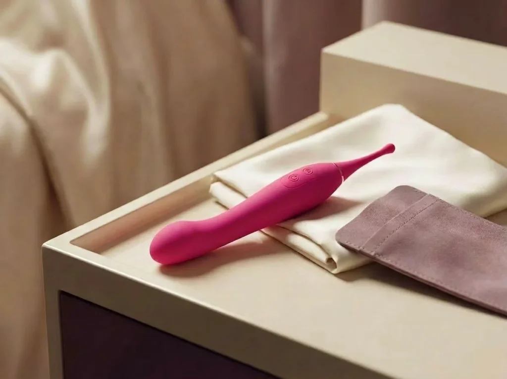 Soft private routine still life with a real Lumisyla intimate-wellness product and calm packaging details.