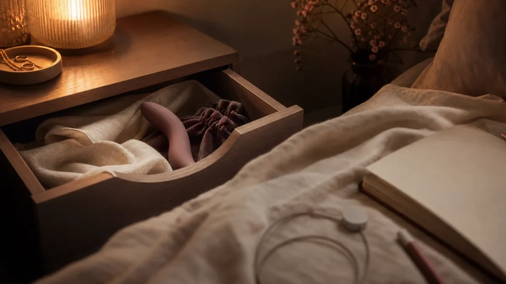 Warm private drawer scene with soft fabric, discreet pouch, charging cable, and a curved intimate-wellness object for a Lumisyla buying guide.